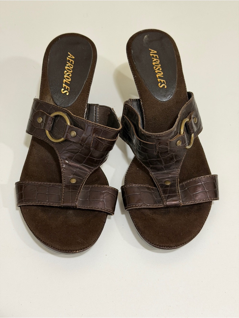 AEROSOLES Dark Brown Croc-Embossed Slide Mules with Buckle